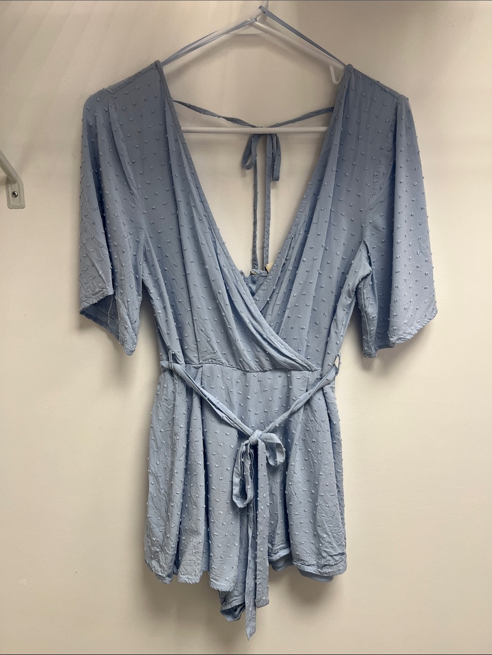 Altar'd State Powder Blue Textured Wrap Romper with Tie Details